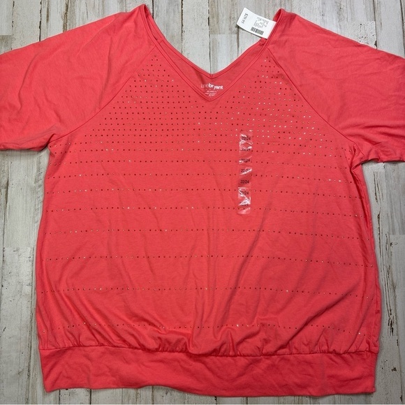 Lane Bryant Relaxed Fit Coral Pink Short Sleeve Beaded Shirt Size 22/24 - Picture 6 of 15